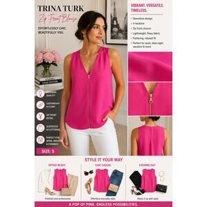 Trina Turk Pink Sleeveless Zip Front Blouse Size Small V Neck Top Colorful